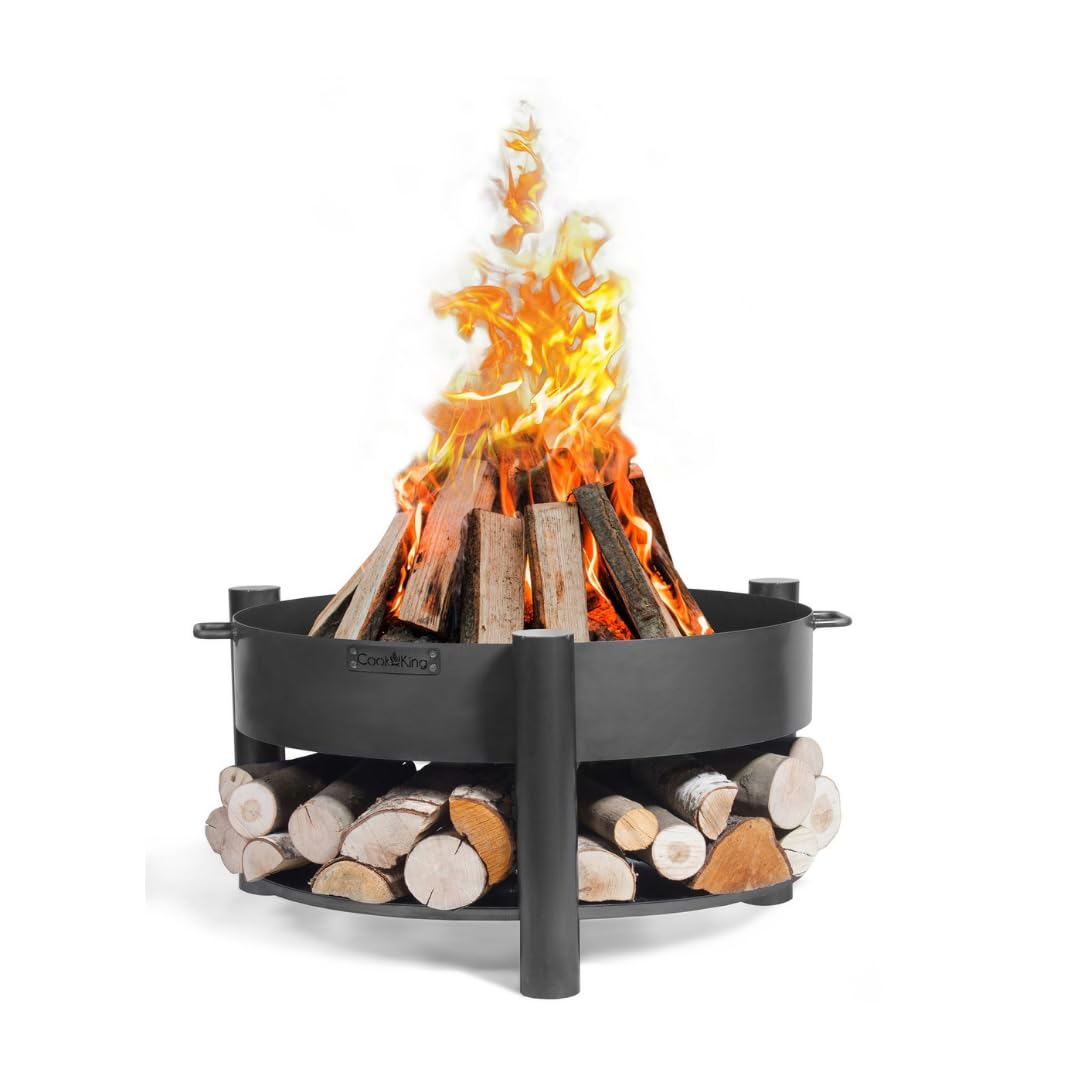 CookKing Stahl Feuerschale Montana | Ø 88x45 cm, Schwarz, Inkl. Holzlager | Robust & Windgeschützt |