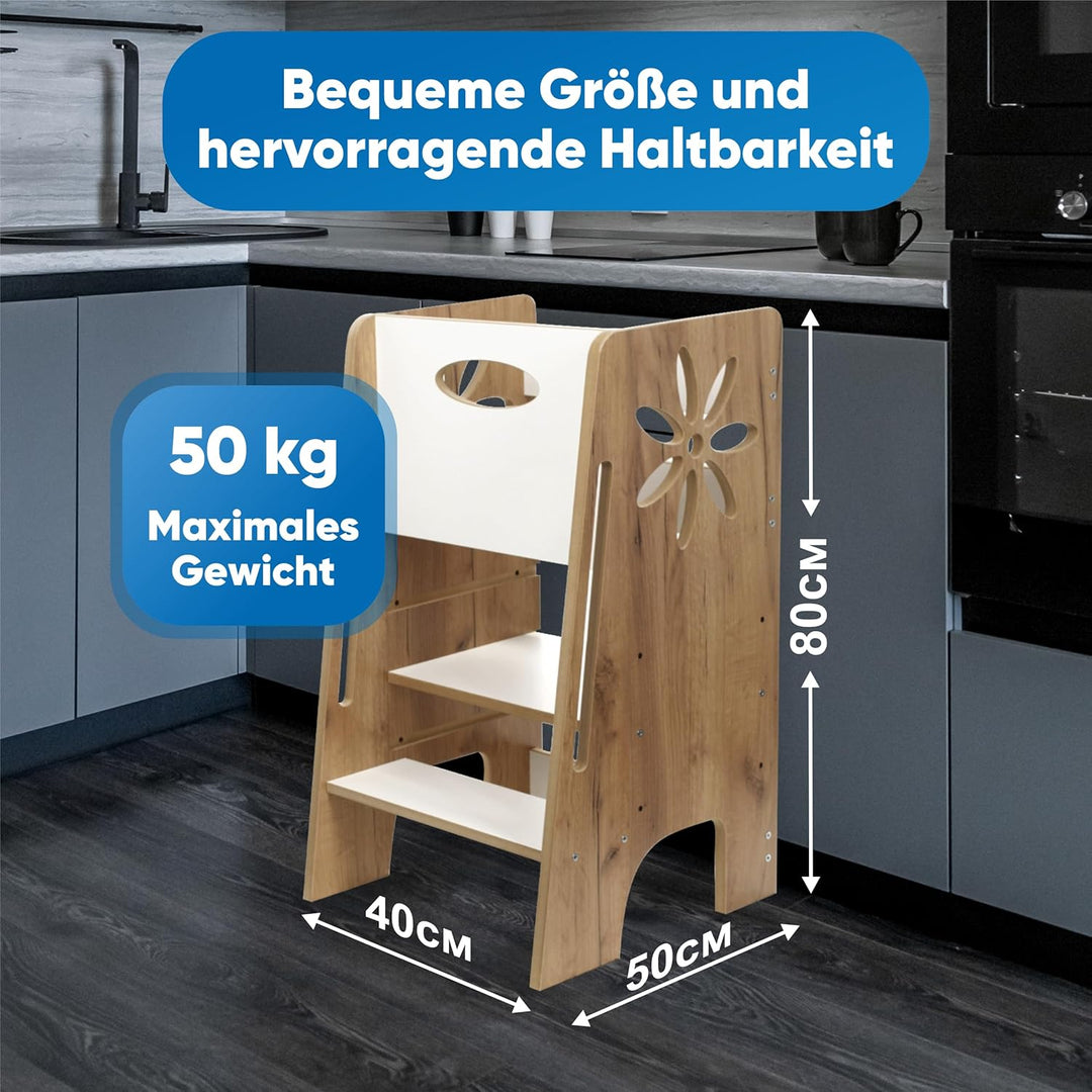Kitchen Kids Helper Lernturm ab 1 Jahr - Höhenverstellbarer Lernturm Montessori Eiche-Weiss 80cm - S