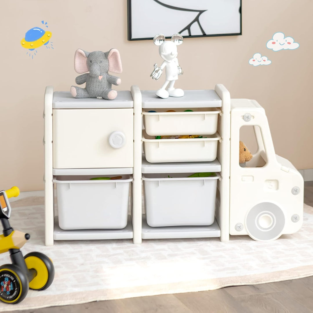 GOPLUS Kinderregal in Autoform, Multifunktionales Spielzeugregal mit 4 Boxen & 1 Schrank, Aufbewahru