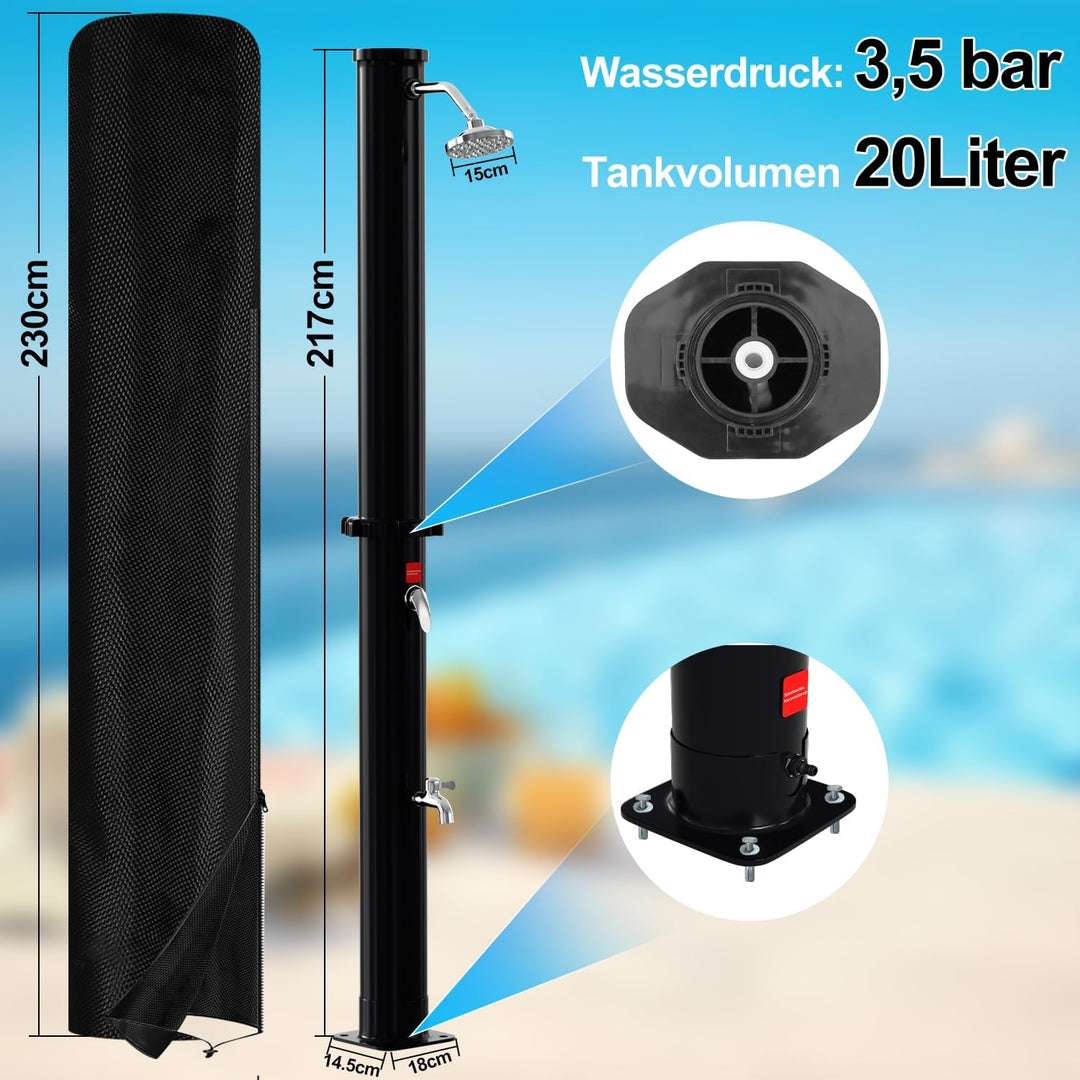 Ansobea Solardusche - 20 Liter Solar Gartendusche mit Schutzabdeckung, 180° Verstellbarer Duschkopf,