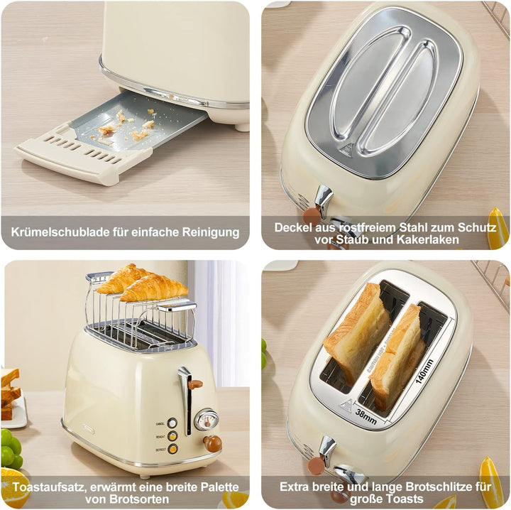 Wiltal Toaster Retro 2 Scheiben, 6 Einstellbare Bräunungstufen, mit hochwertige Brötchenaufsatz, Auf