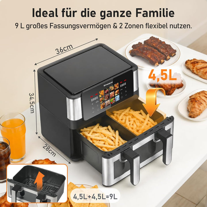 Air Fryer 9L 2000 W, Heissluftfritteuse 2 Kammern mit kühlem Griff | Digitaler Touchscreen, Sichtfen