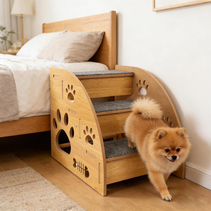 Hundetreppe für Kleine Hunde, Holz Haustiertreppe 3 Stufen Hunderampe für Bett Sofa Balkon, Stabi Ru