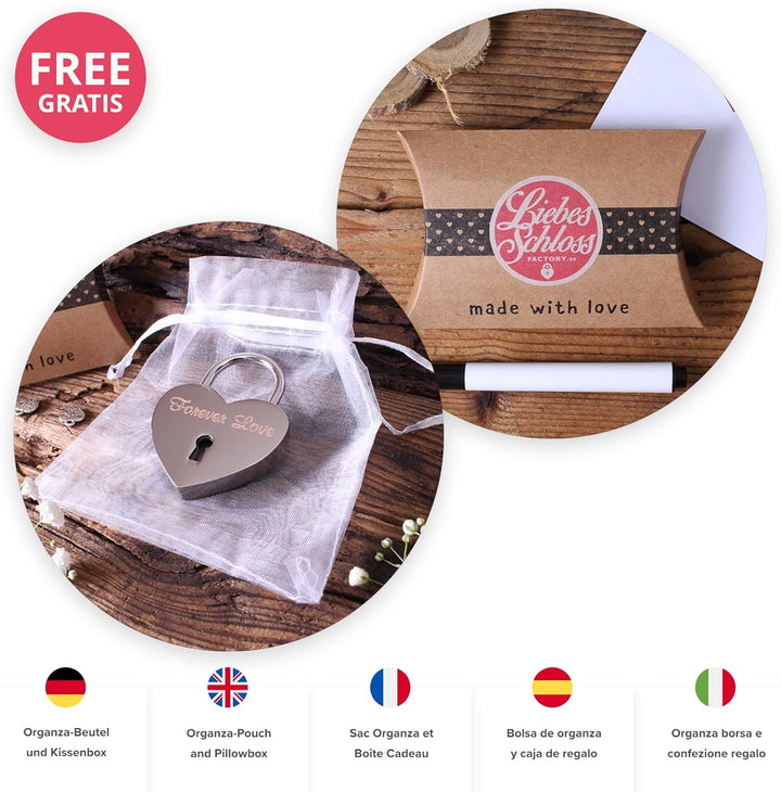 LIEBESSCHLOSS-FACTORY Liebes-Schloss Schwarz mit Laser-Gravur und Schlüssel, gratis Geschenkbox uvm.