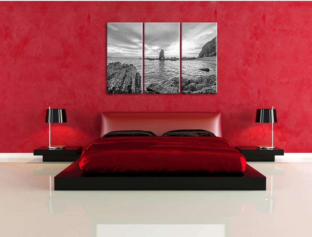 Pixxprint Küstenlinie mit schönen Sonnenuntergang Kunst B&W 3-Teiler Leinwandbild 120x80 Bild auf Le
