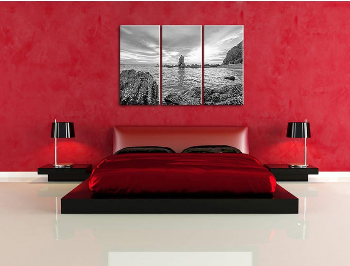 Pixxprint Küstenlinie mit schönen Sonnenuntergang Kunst B&W 3-Teiler Leinwandbild 120x80 Bild auf Le