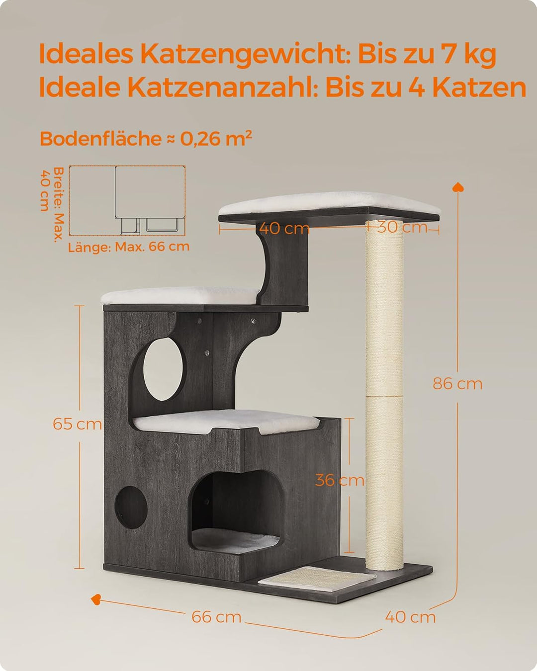 Feandrea Kratzbaum, 86 cm hoher Katzenbaum, Spanplatten-Katzenkratzbaum, mit Höhle, Liegeflächen, Sä