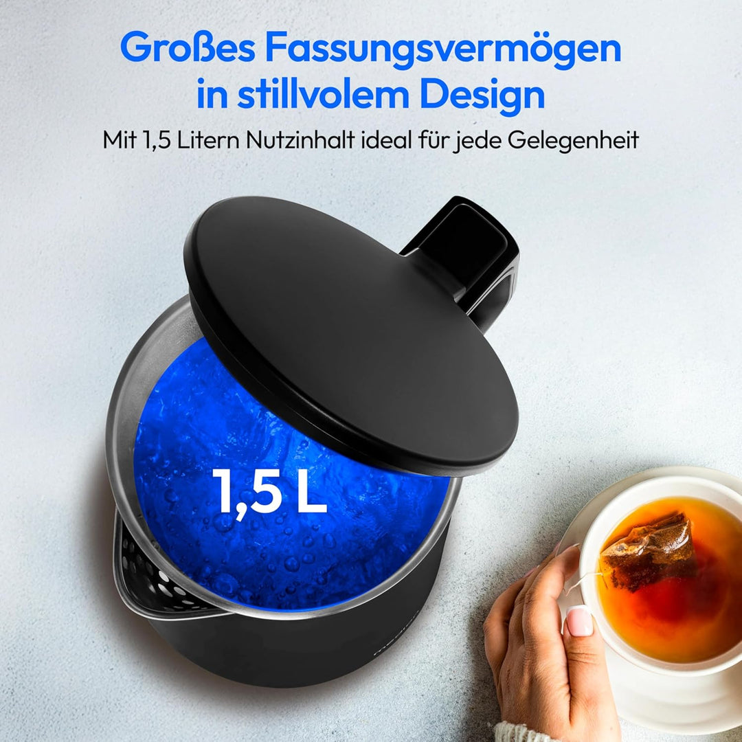 MEDION Wasserkocher Edelstahl (1,5 Liter, 2.200 Watt, 360° Basis, Warmhaltefunktion, LED Betriebsanz