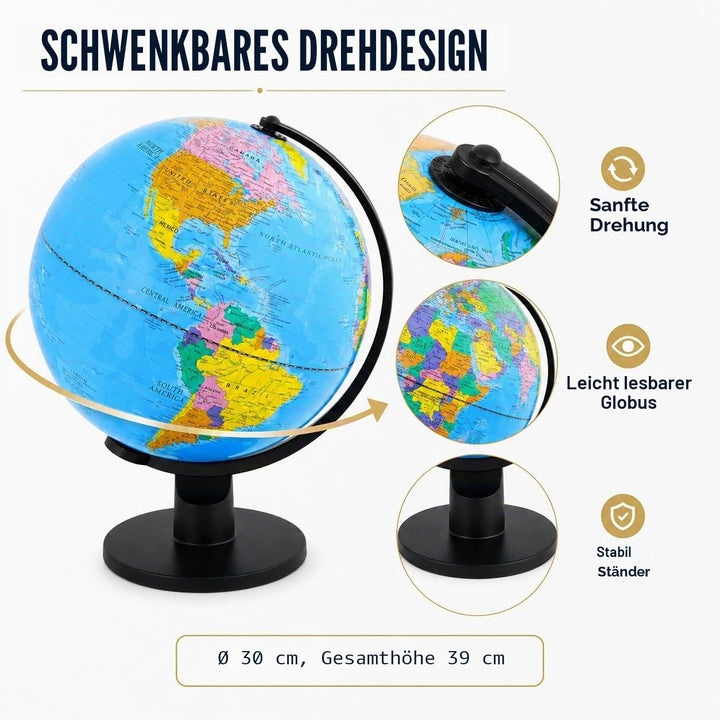 TOPGLOBE 30cm Globus Weltkugel pädagogische Politische Karte - Englischer Sprache, 30cm
