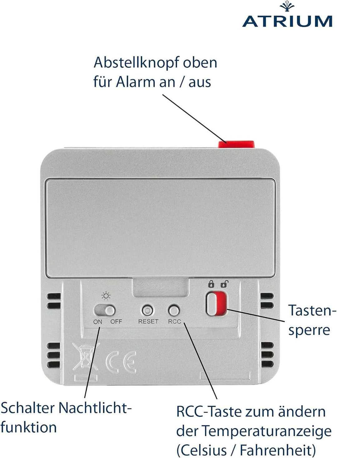 Atrium Funkwecker Reisewecker klein Digital Quarz LCD sensorgesteuertes Nachtlicht Beleuchtung Silbe