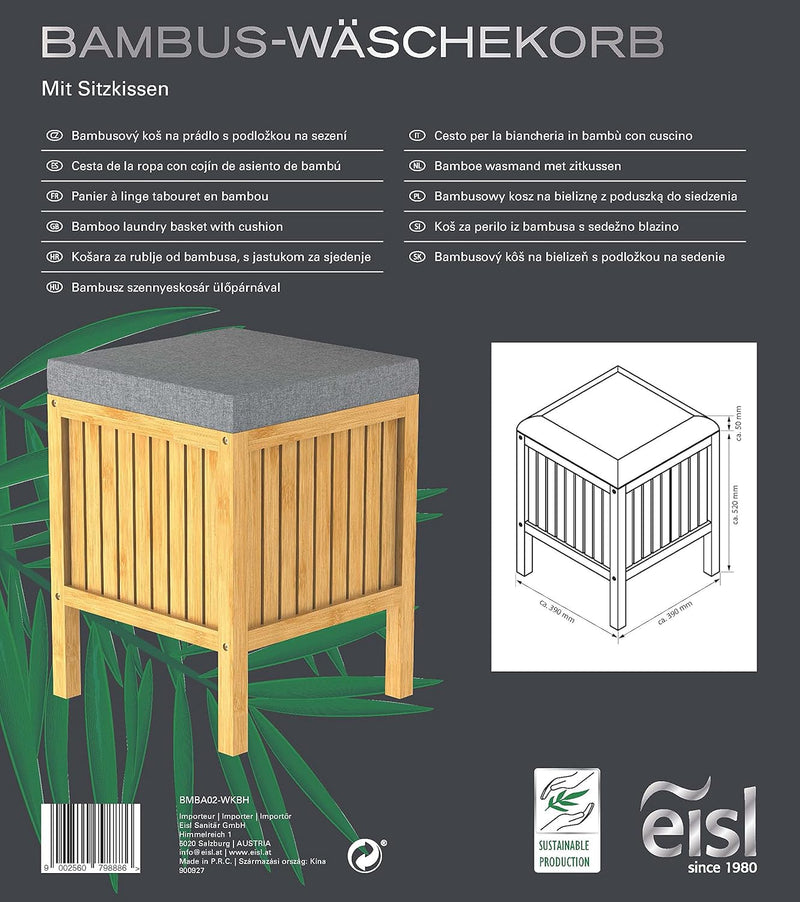 EISL BMBA02-WKBH Bambus Badhocker mit Wäschesammler, Wäsche Hocker mit Sitzfläche, Badezimmer Hocker