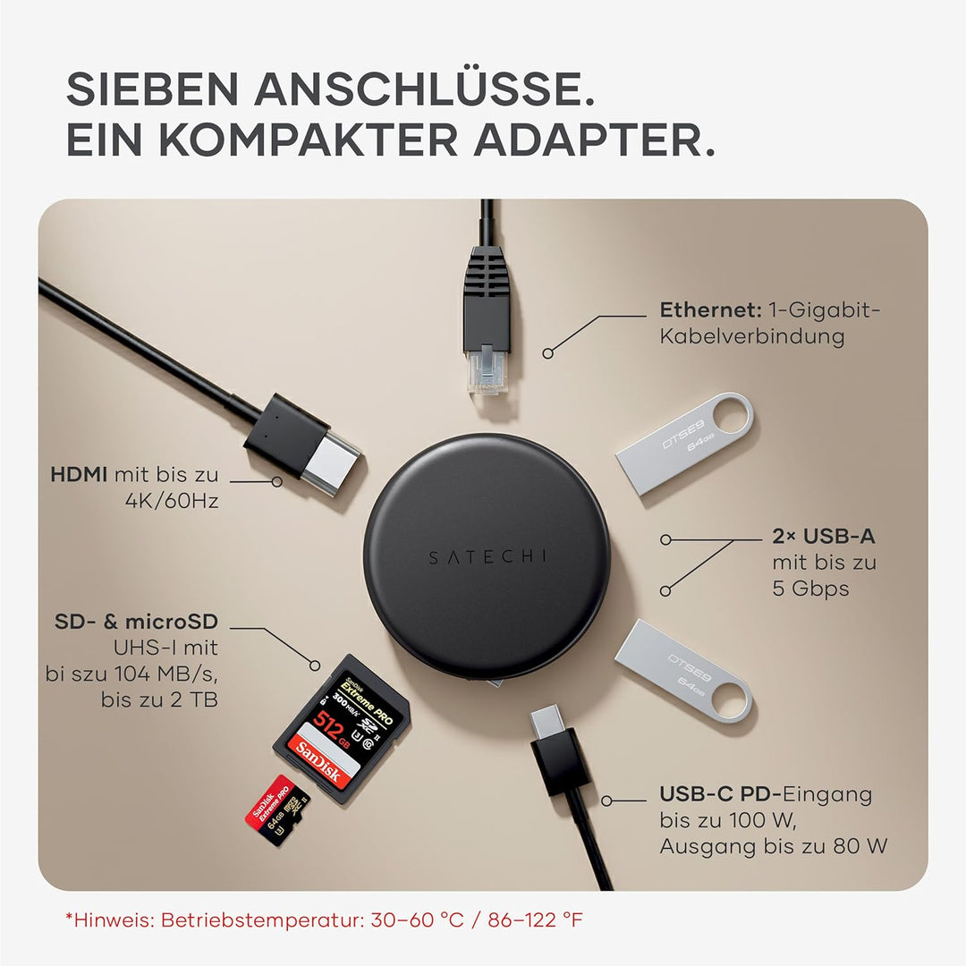 SATECHI OntheGo™ 7-in-1 USB-C Hub, magnetischer kompakter Multiport Adapter 100W Power Delivery, HDM