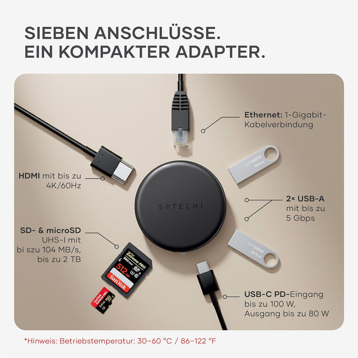 SATECHI OntheGo™ 7-in-1 USB-C Hub, magnetischer kompakter Multiport Adapter 100W Power Delivery, HDM