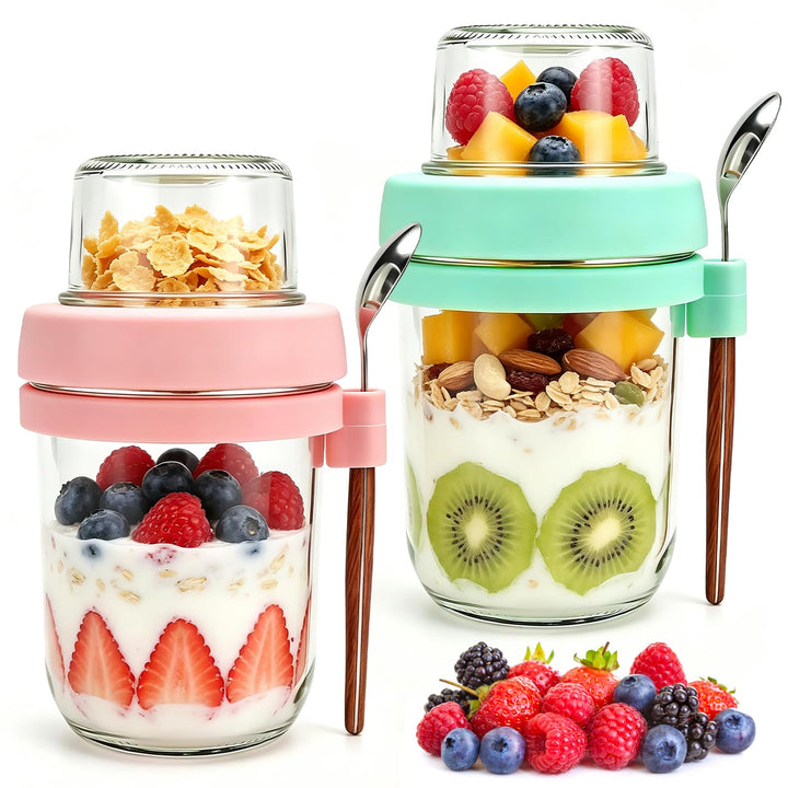 Müslibecher to go mit Löffel 2er Set 480ml+120ml | Overnight Oats Gläser, Joghurtbecher, Doppelschic