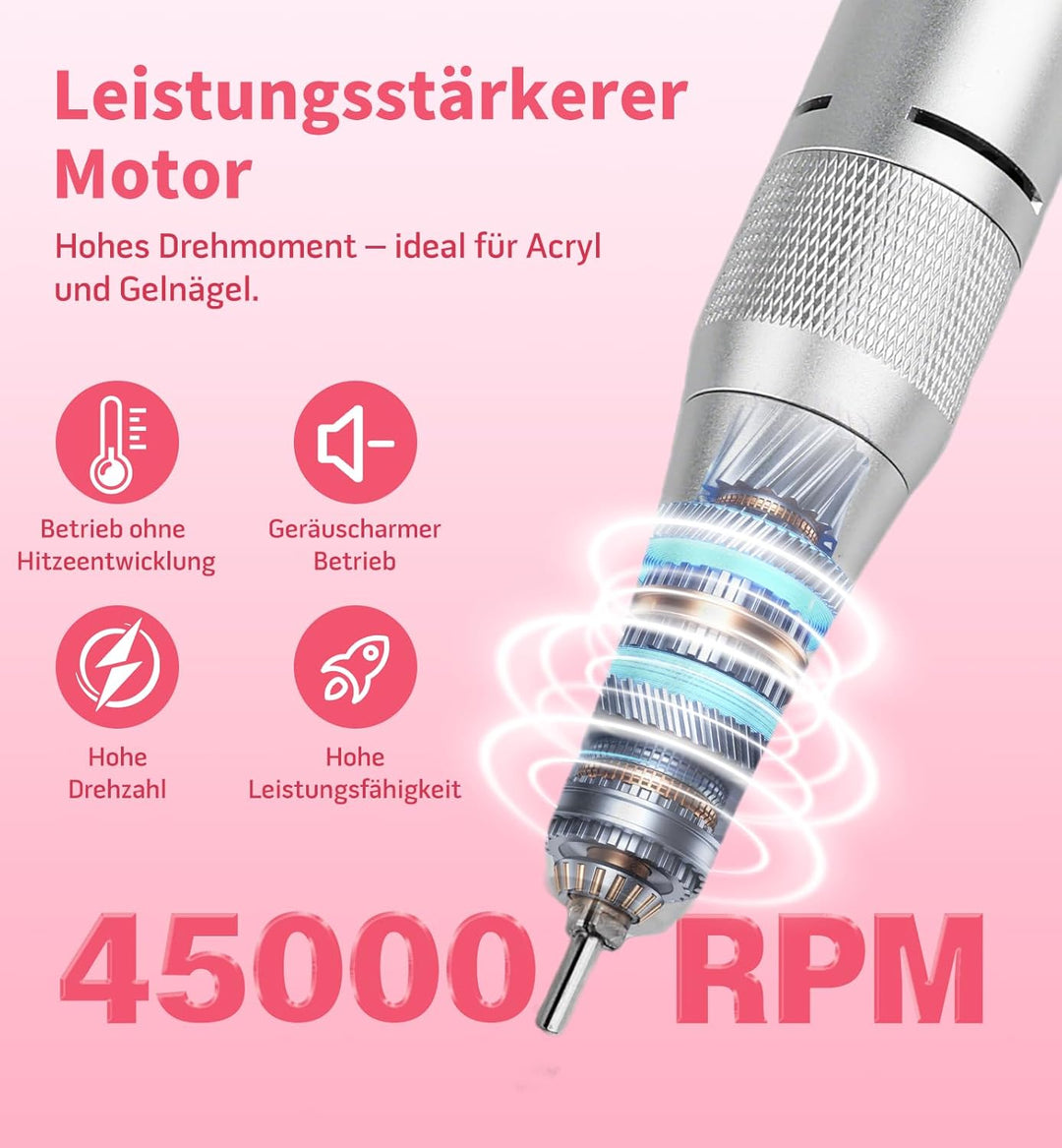 Ziweo Nagelfräser, Elektrische Nagelfeile 45000U/Min mit LED Display, Tragbare Nagelfräser für Gelnä
