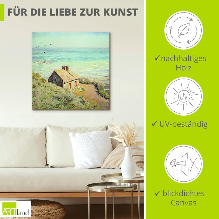 ARTland Leinwandbilder Wandbild Bild auf Leinwand 50x50 cm Wanddeko Haus Landschaft Meer Strand Das