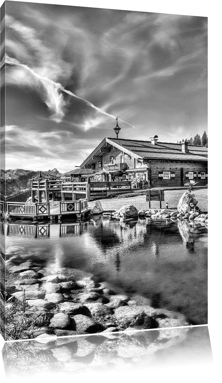Pixxprint Monocrome, Schönes Holzhaus in den Alpen, Format: 100x70 auf Leinwand, 100x70