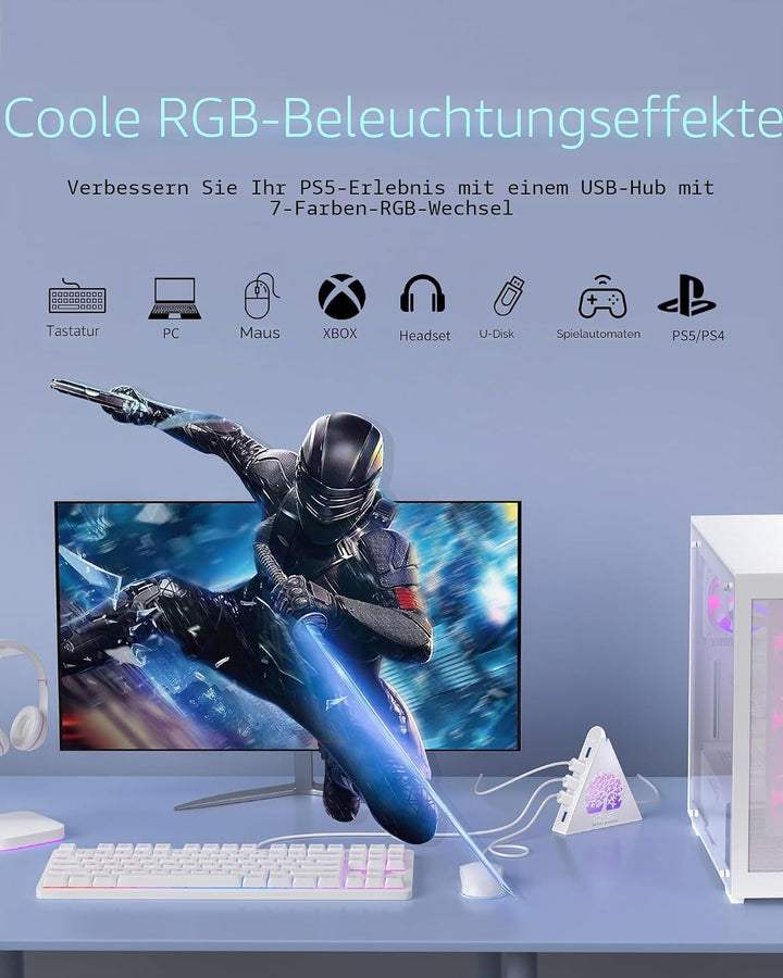 7-Port USB 3.0 Hub, Weiss Vertikaler USB Hub Splitter mit baumförmiger RGB-Beleuchtung, 5Gbps Hochge