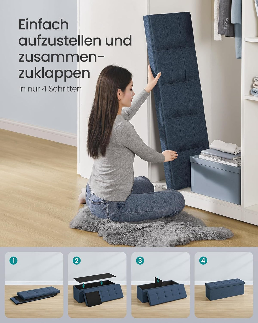 SONGMICS Sitzhocker mit Stauraum, klappbare Sitzbank, 38 x 110 x 38 cm Fussbank, Aufbewahrungsbox, b