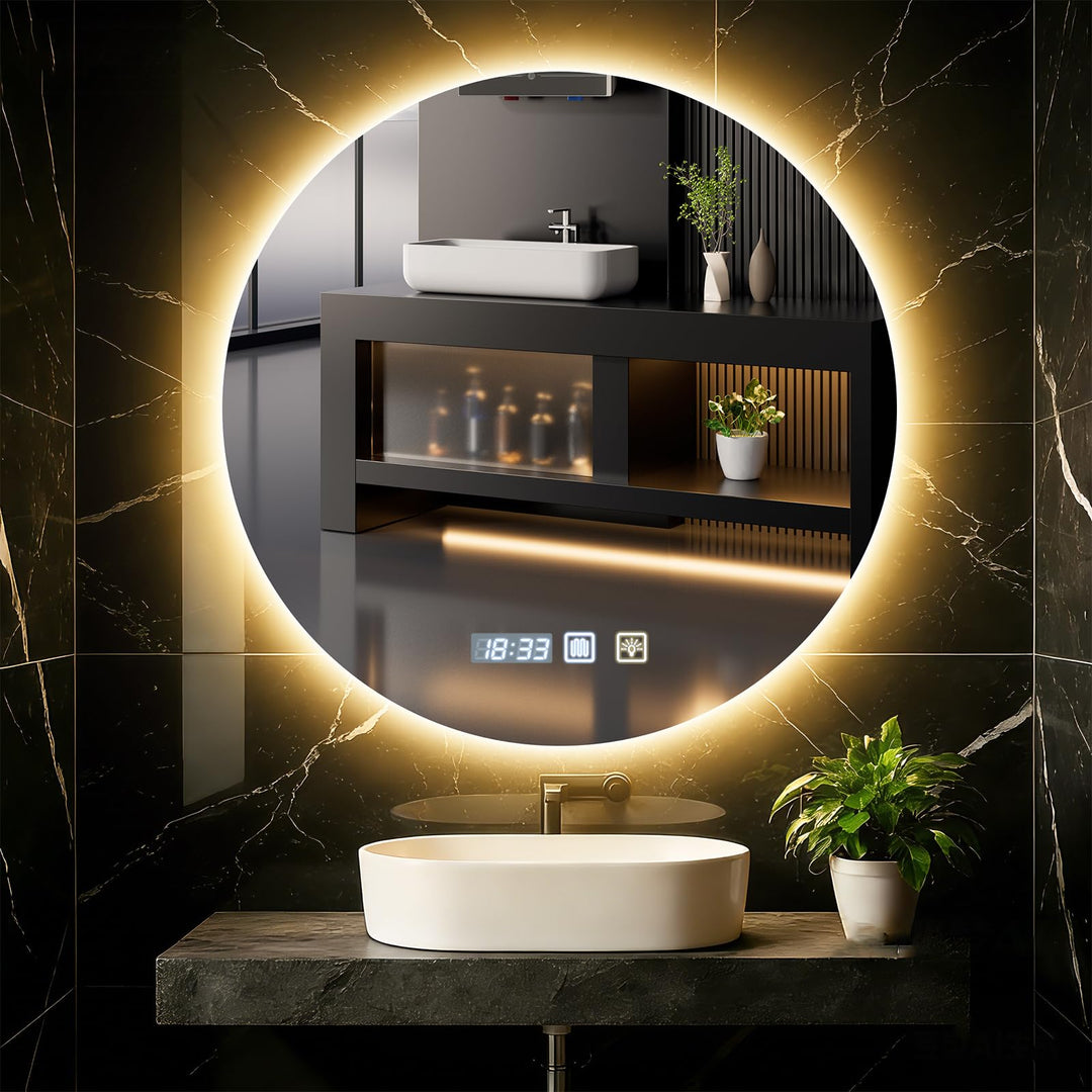 Badspiegel Rund mit Beleuchtung 60cm Diameter, Badspiegel Rund Beleuchtet mit Uhr, LED, Dimmbar, 3 L
