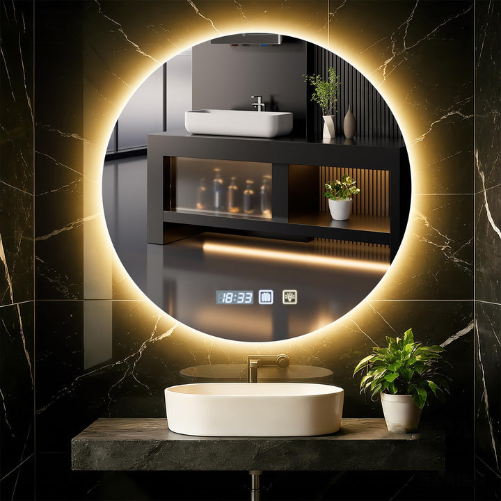 Badspiegel Rund mit Beleuchtung 60cm Diameter, Badspiegel Rund Beleuchtet mit Uhr, LED, Dimmbar, 3 L