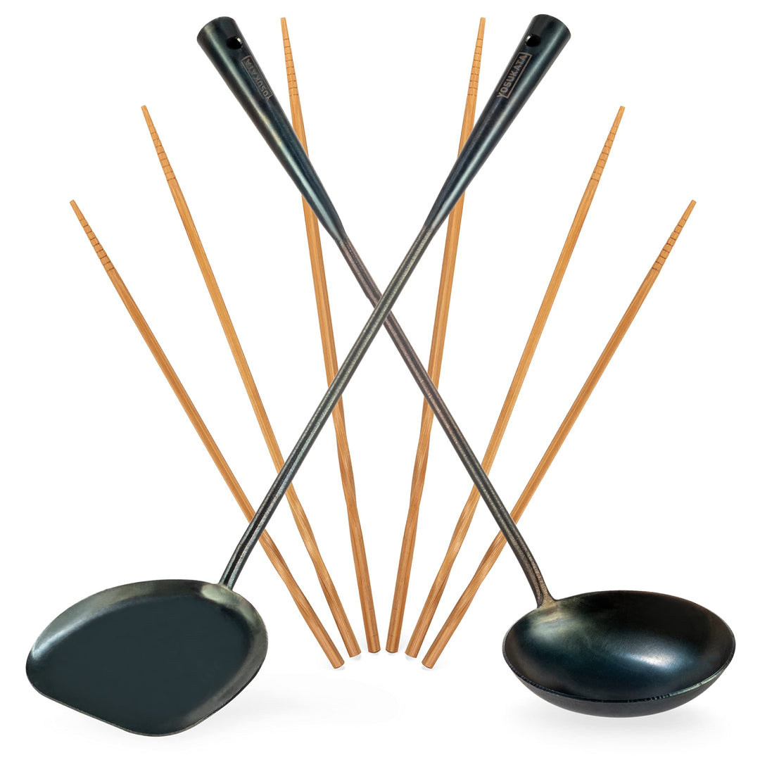 YOSUKATA Wok-Utensilien-Set – blauer Karbonstahl, 43,2 cm, Wok-Spatel, Wok-Schöpflöffel, 3 Paar Esss