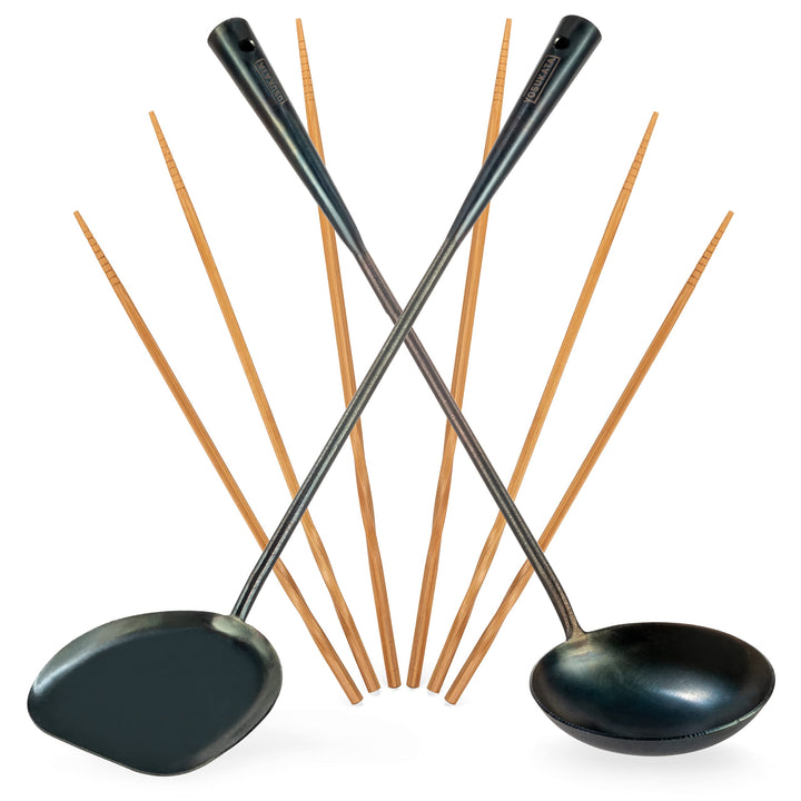 YOSUKATA Wok-Utensilien-Set – blauer Karbonstahl, 43,2 cm, Wok-Spatel, Wok-Schöpflöffel, 3 Paar Esss