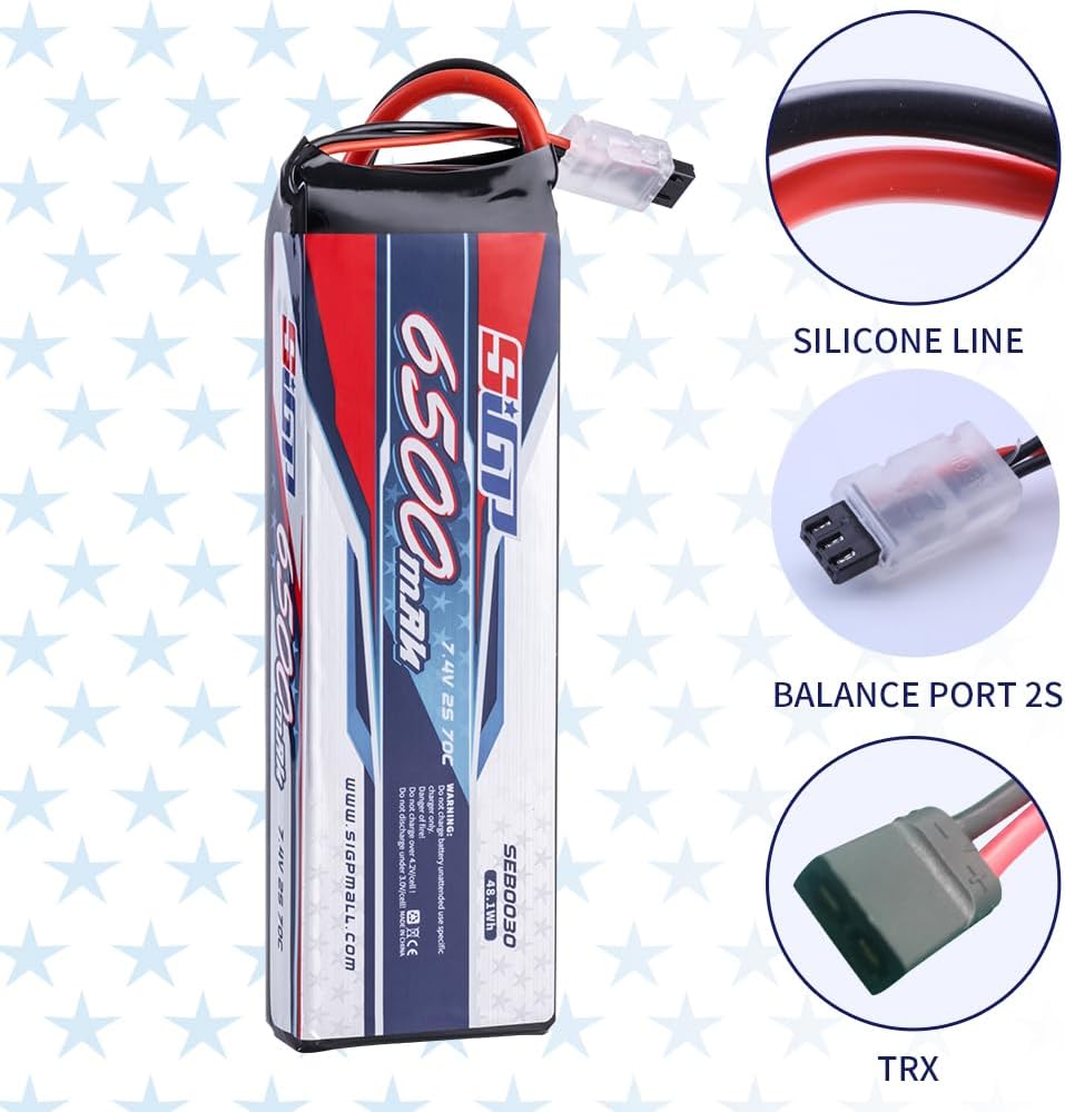 SIGP 2S 7.4V Lipo Battery 6500mAh 70C Soft Case with Deans TRX Plug for RC Car Truck Boat Vehicles T