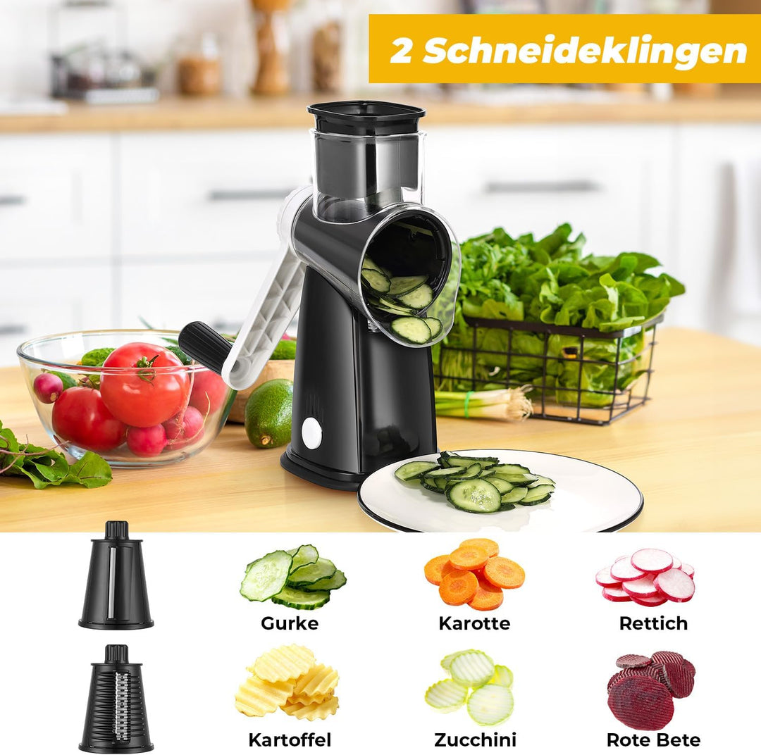 Käsereibe mit Kurbel, Reibe für Gemüse mit 5 Austauschbaren Trommelblättern, Gemüseschneider Ideal f