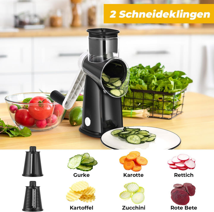 Käsereibe mit Kurbel, Reibe für Gemüse mit 5 Austauschbaren Trommelblättern, Gemüseschneider Ideal f