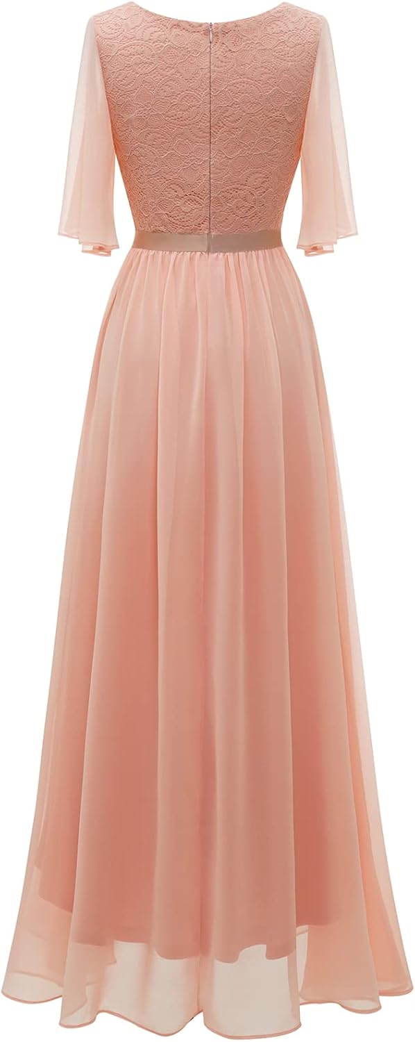 Bbonlinedress Abendkleider elegant für Hochzeit Spitzen Chiffon Ärmel Kleid festliches Brautjunferkl