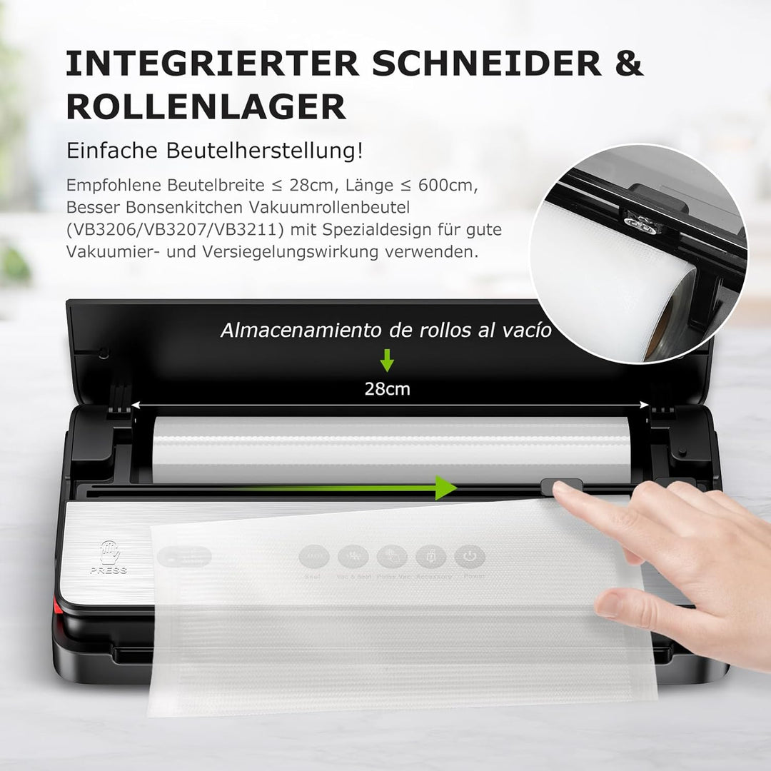 Bonsenkitchen Vakuumiergerät, für Trockene und Feuchte Lebensmittel Vakuumierer mit Eingebauter Cutt