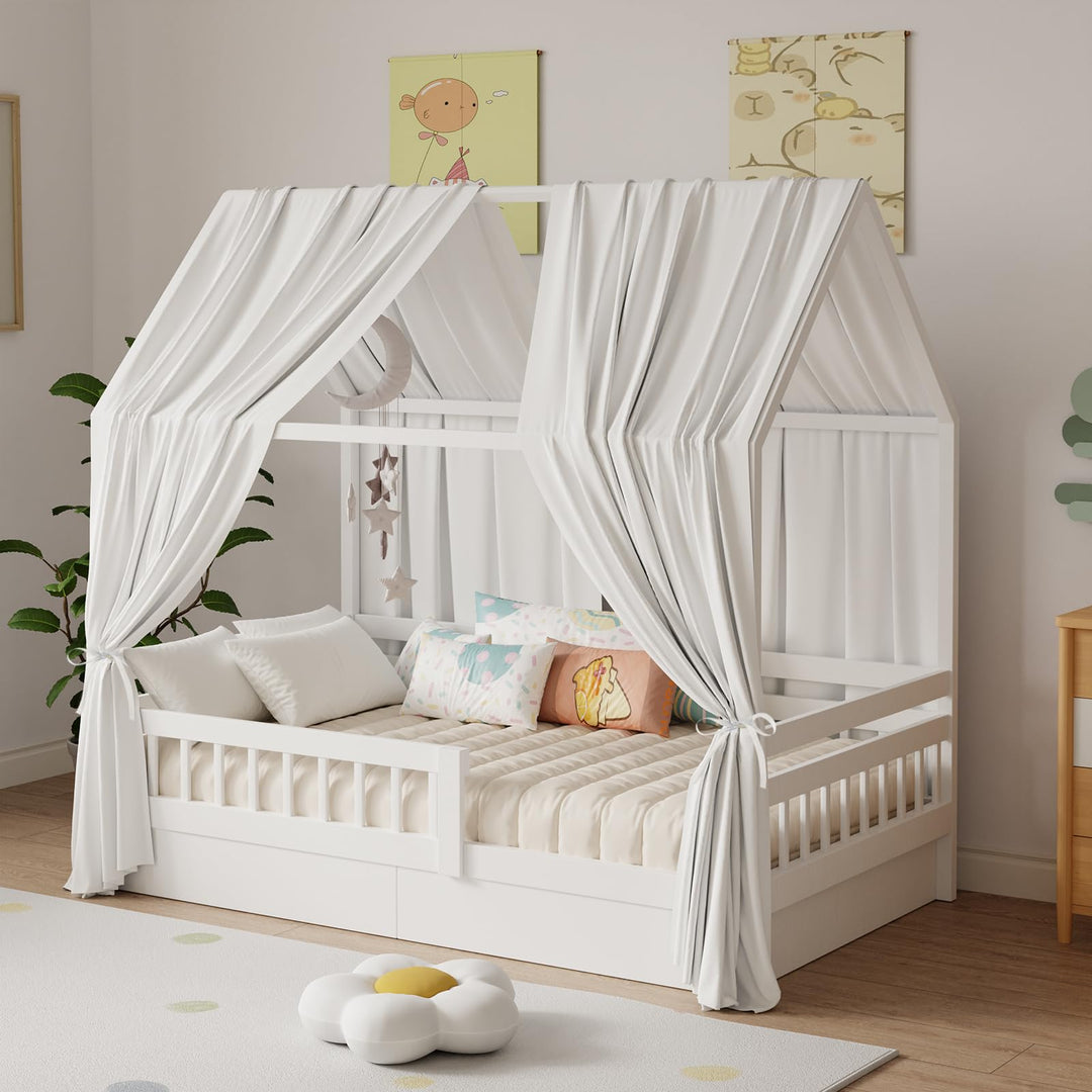 Hausbett Himmel, Betthimmel Hausbett Musselin mit 2 Stück Betthimmel, Stoffhimmel für Hausbett Mädch