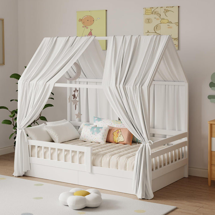 Hausbett Himmel, Betthimmel Hausbett Musselin mit 2 Stück Betthimmel, Stoffhimmel für Hausbett Mädch