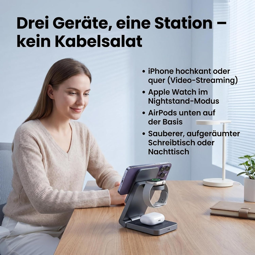 3 in 1 Ladestation für iPhone/Apple Watch/AirPods mit 20W Adapter Metalgrau, Metalgrau