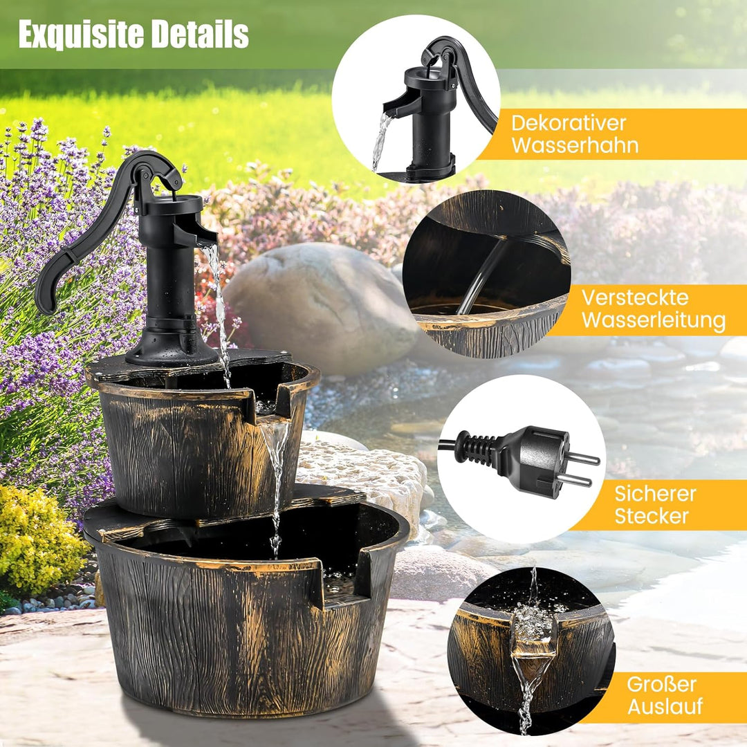 GOPLUS Gartenbrunnen Holz, Springbrunnen Zierbrunnen mit Pumpe, Fassbrunnen Wasserfall, Holzbrunnen