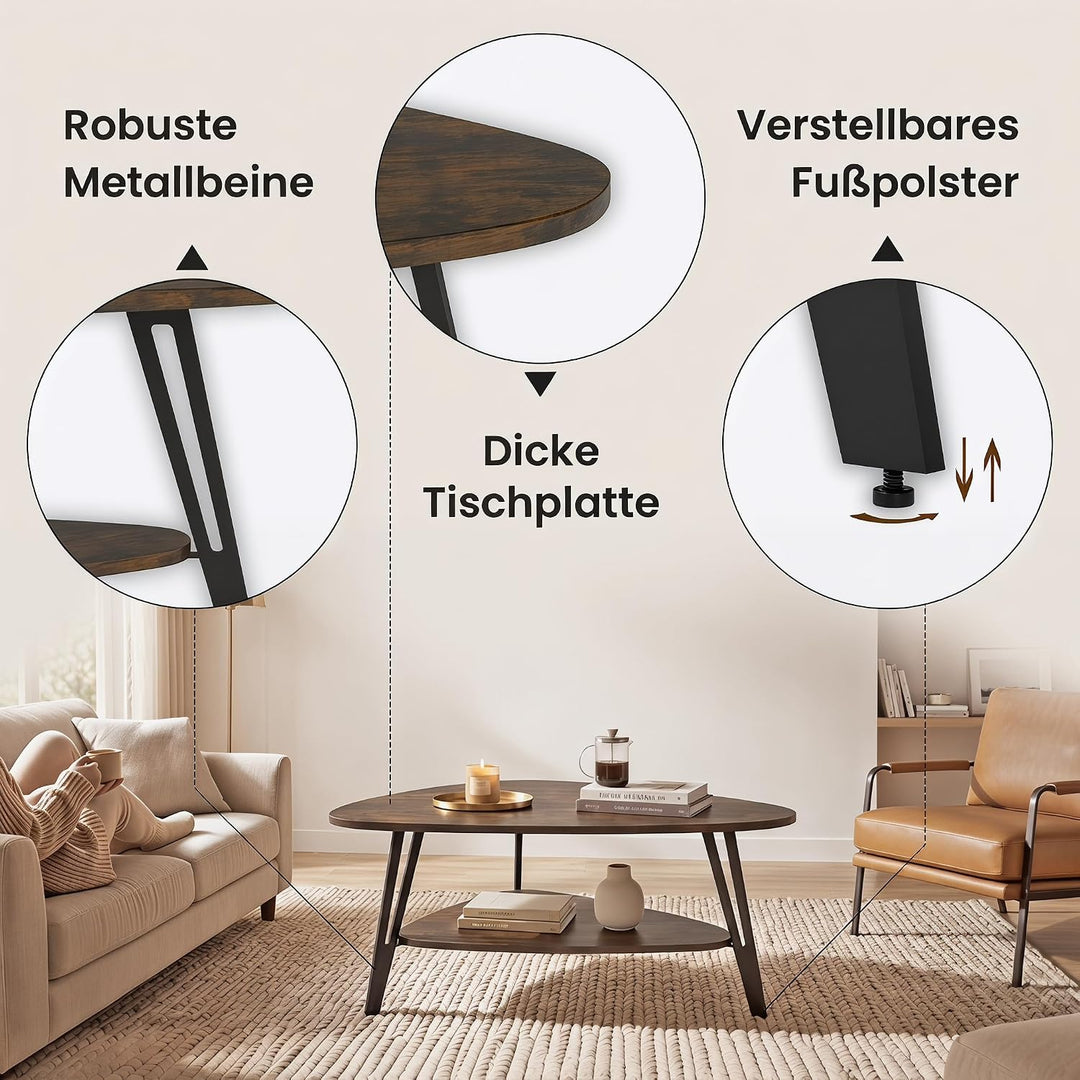 Manora Oval Couchtisch Braun mit Ablagefach &amp; Metallbeinen - Moderner Wohnzimmertisch Kaffeetisch So