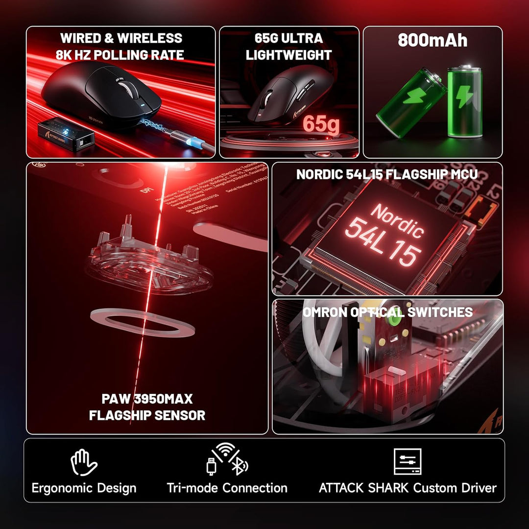ATTACK SHARK X8 Serie Kabellose Gaming-Maus, 55–65 g Superleicht, PixArt PAW3395/3950 Sensor, BT/2.4