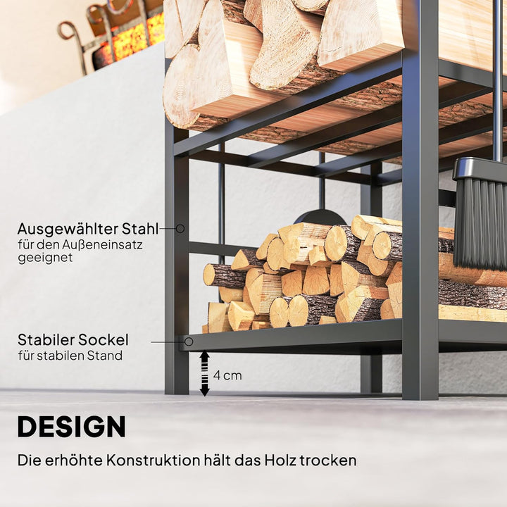 Outsunny Kaminholzständer Brennholzregal Feuerholzablage 2 Schichte Kaminwerkzeug Schwarz 40x30x74,5
