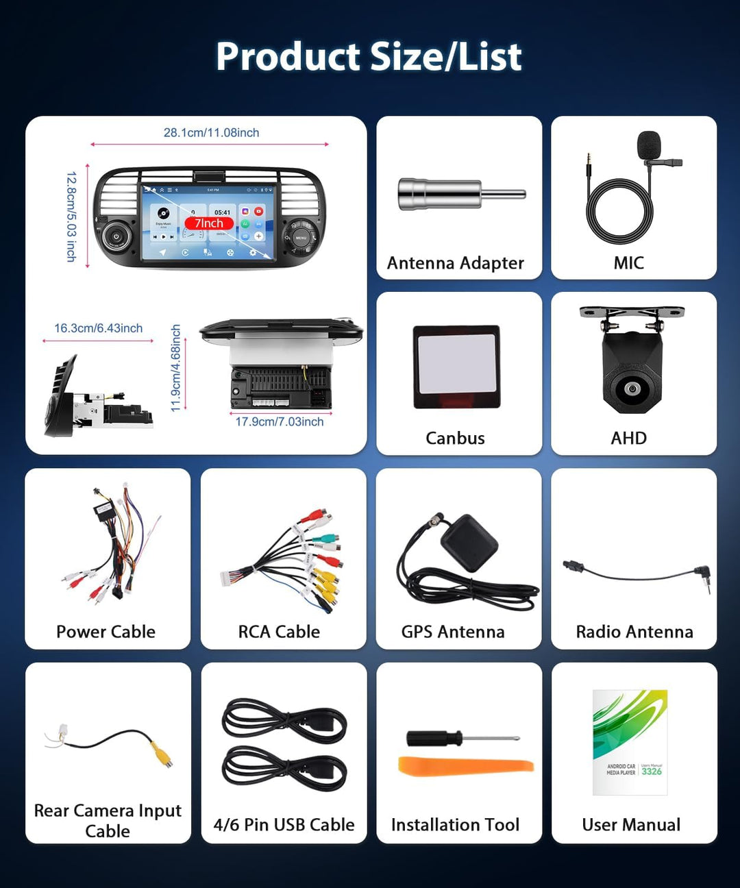 4GB+64GB Autoradio für FIAT 500 2007-2015 mit Wireless Carplay/Android Auto, 7 Zoll Car Stereo mit G