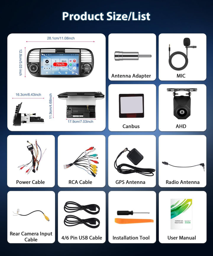4GB+64GB Autoradio für FIAT 500 2007-2015 mit Wireless Carplay/Android Auto, 7 Zoll Car Stereo mit G