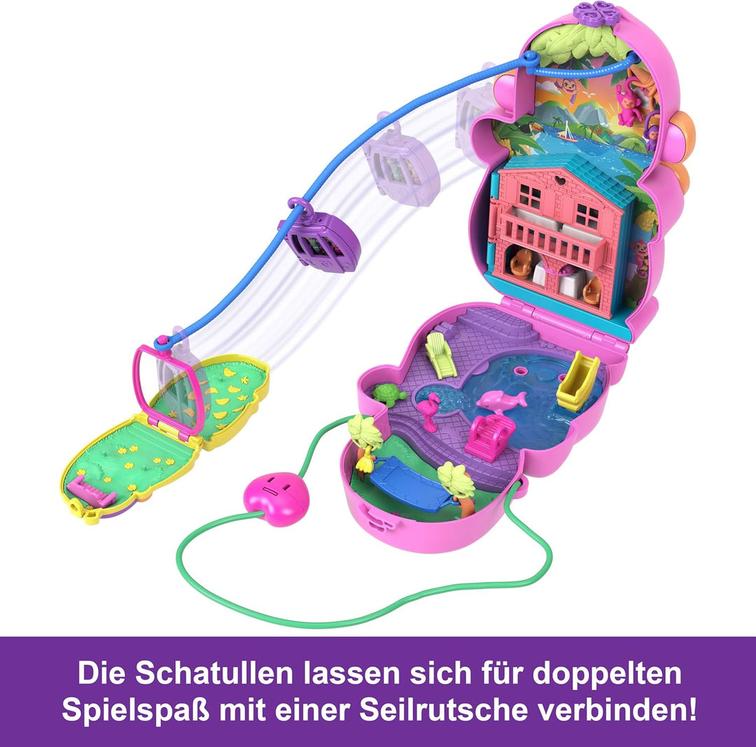 Polly Pocket Puppen & Spielset mit Tieren und 13 Accessoires, 2-in-1 Affenmama und Baby, tragbare Ta