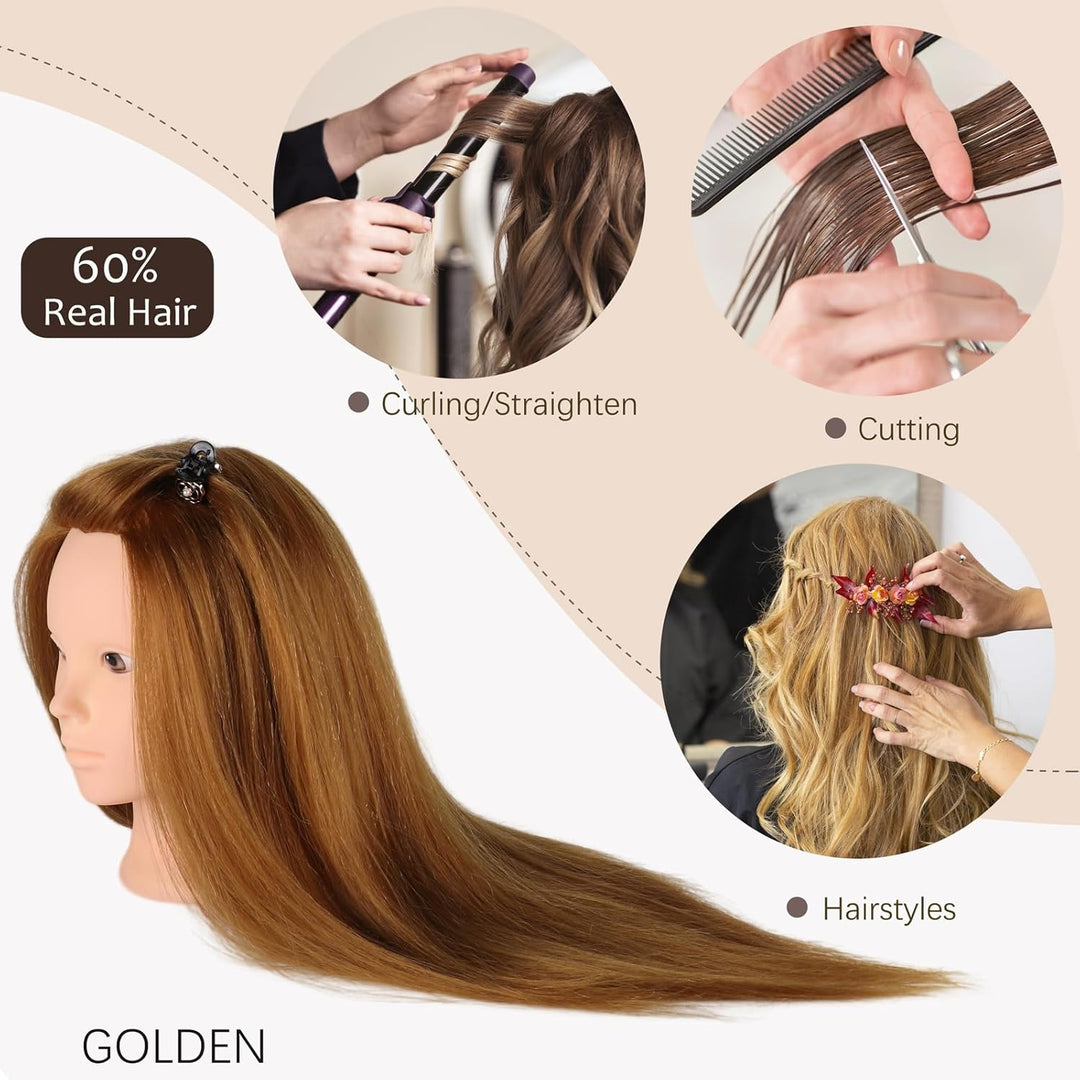 DaizySight Hair Styling Training Head with 60% Real Human Hair, 23" Cosmetology Mannequin Head Haird
