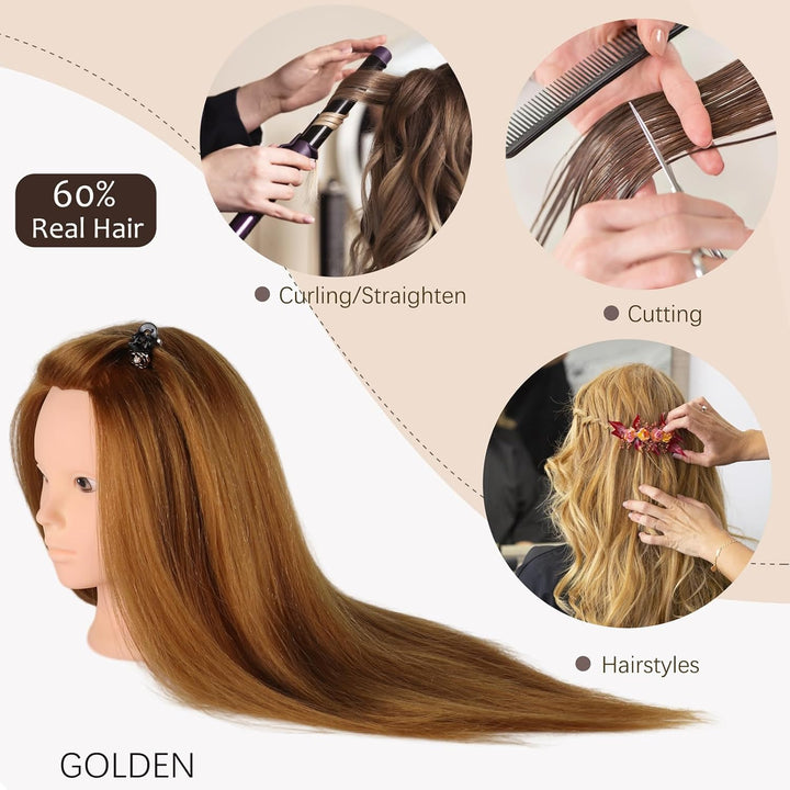DaizySight Hair Styling Training Head with 60% Real Human Hair, 23" Cosmetology Mannequin Head Haird