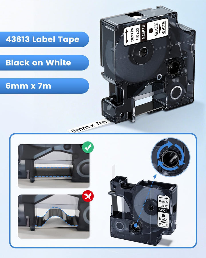 43613 Etikettenband 6mm x 7m Kompatible mit Dymo D1 6mm Etikettenband s0720780 schwarz auf weiss, Ko