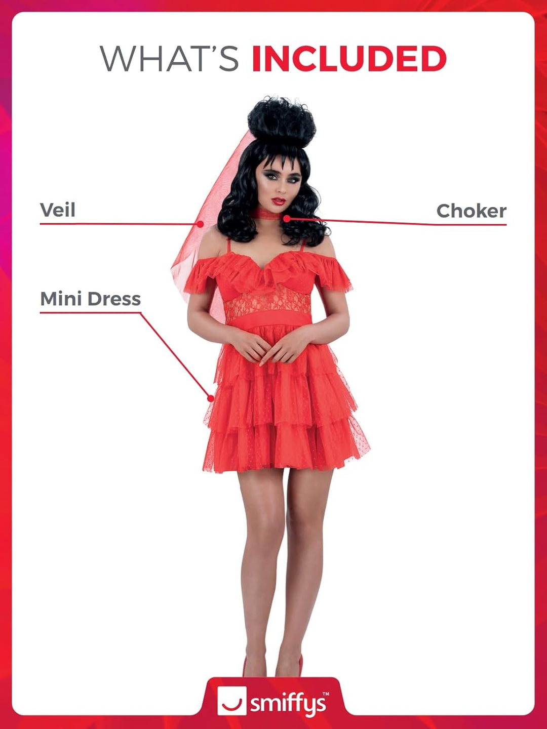 Smiffys Beetlejuice Lydia Bride Erwachsenenkostüm Kleid und Schleier in Rot mit durchsichtigen Ärmel