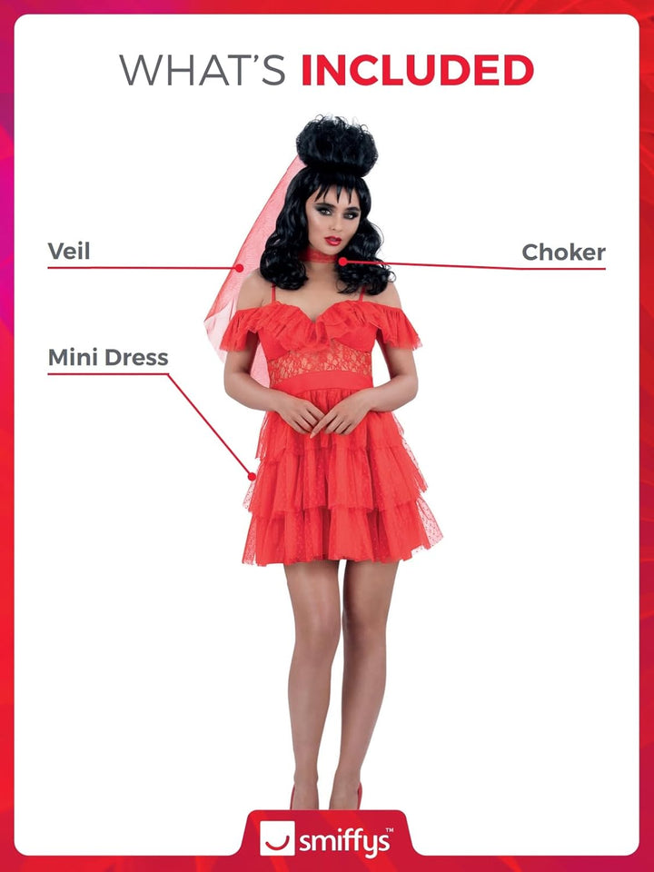 Smiffys Beetlejuice Lydia Bride Erwachsenenkostüm Kleid und Schleier in Rot mit durchsichtigen Ärmel