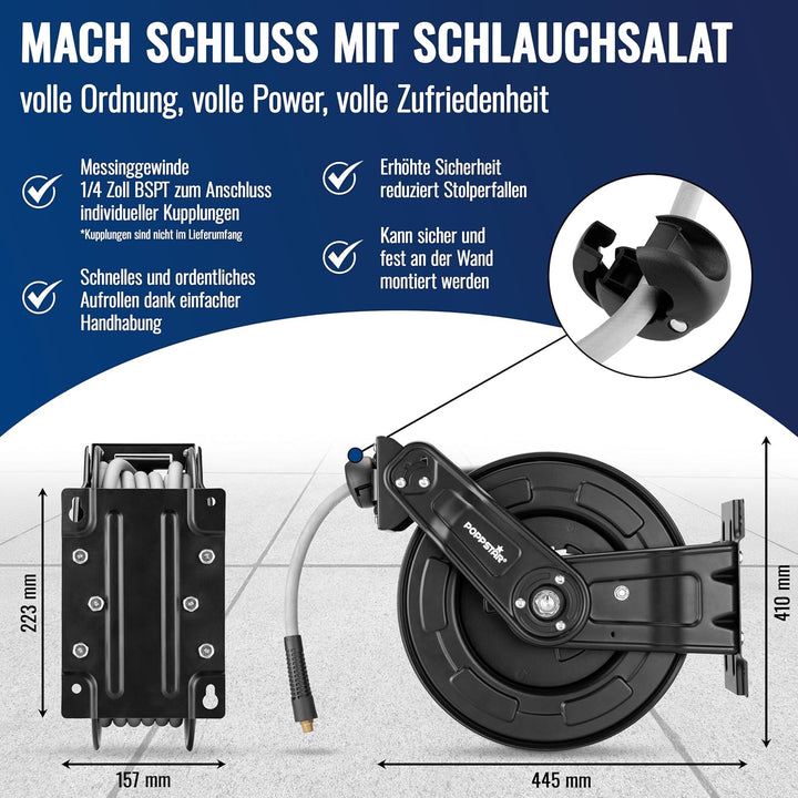Poppstar Druckluftschlauchtrommel aus Stahl (15m+1,5m, Durchmesser (9,2x15mm)), Anschlüsse 1/4 Zoll