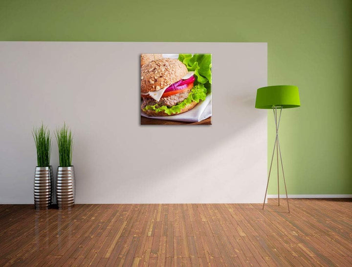Köstlicher Hamburger, Format: 70x70 auf Leinwand, XXL riesige Bilder fertig gerahmt mit Keilrahmen,