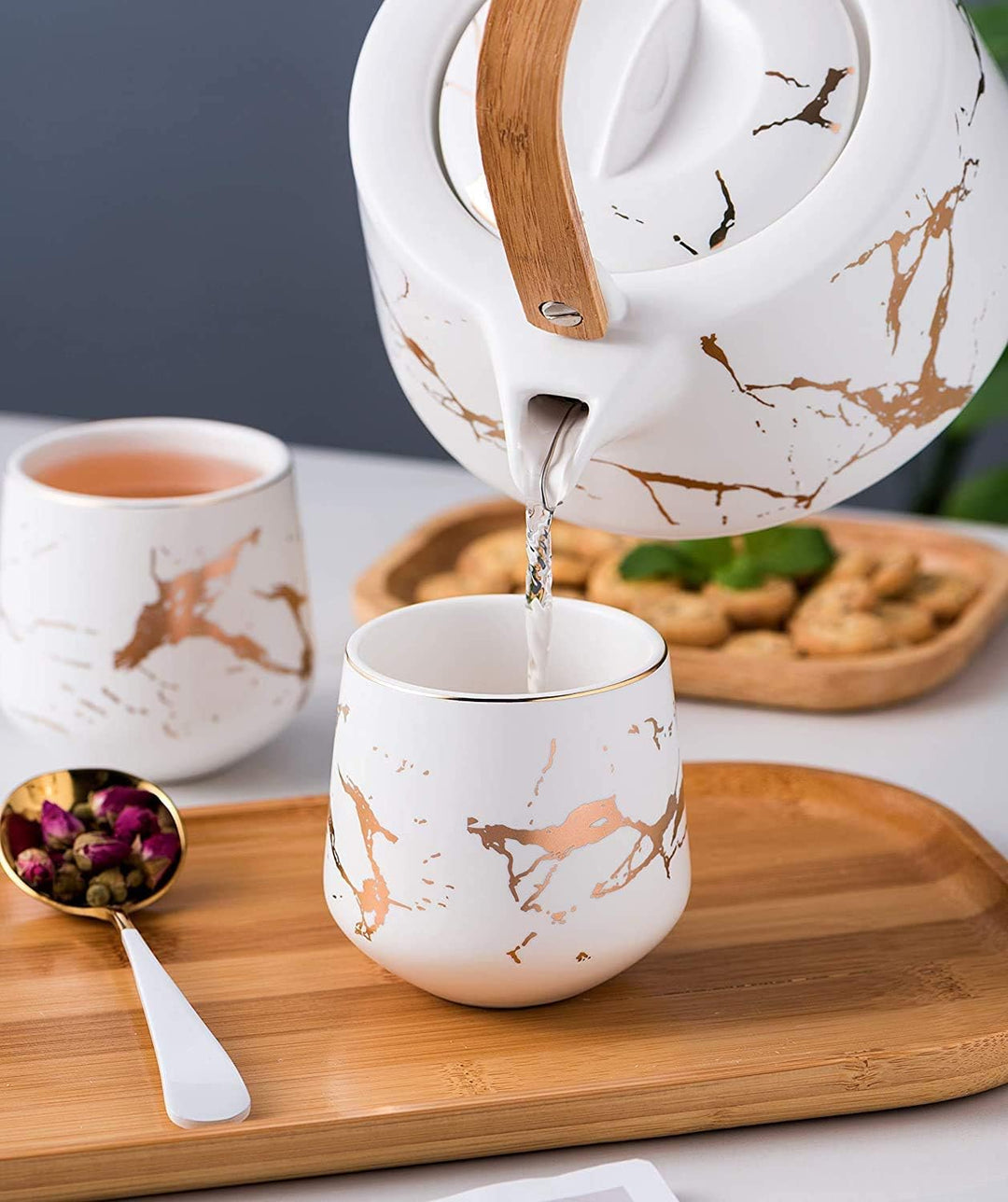 KKGUD Japanischer Stil Keramik Teeset, elegante Teekanne und 4 Teetassen mit Holztablett für Nachmit